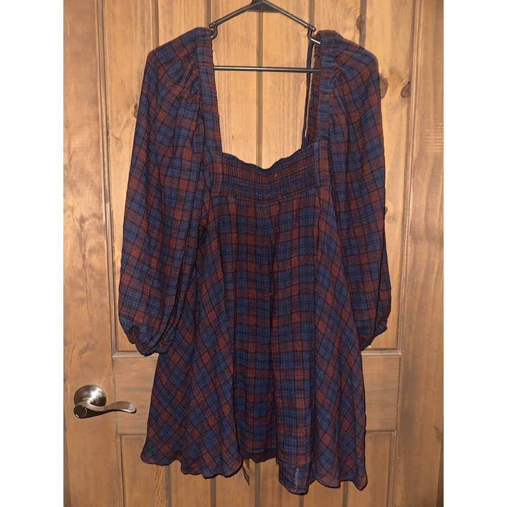 Urban Outfitters Dress Plaid Babydoll Mini Red Navy Square Neck Balloon Sleeve M - Picture 5 of 7